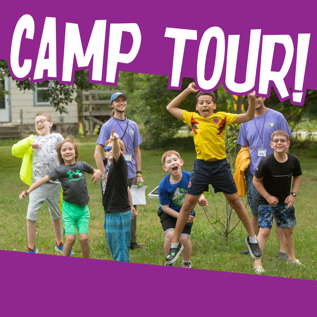 Six campers are joyfully jumping and pointing with two counselors behind them. "CAMP TOUR" is written across the top of the image in white text with a purple border.