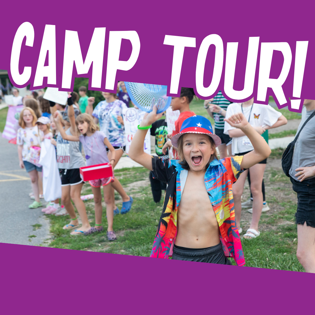 One camper is in focus, smiling widely with their arms in the air. Other campers and counselors can be seen out of focus in the background. "CAMP TOUR" is written across the top of the image in white text with a purple border.