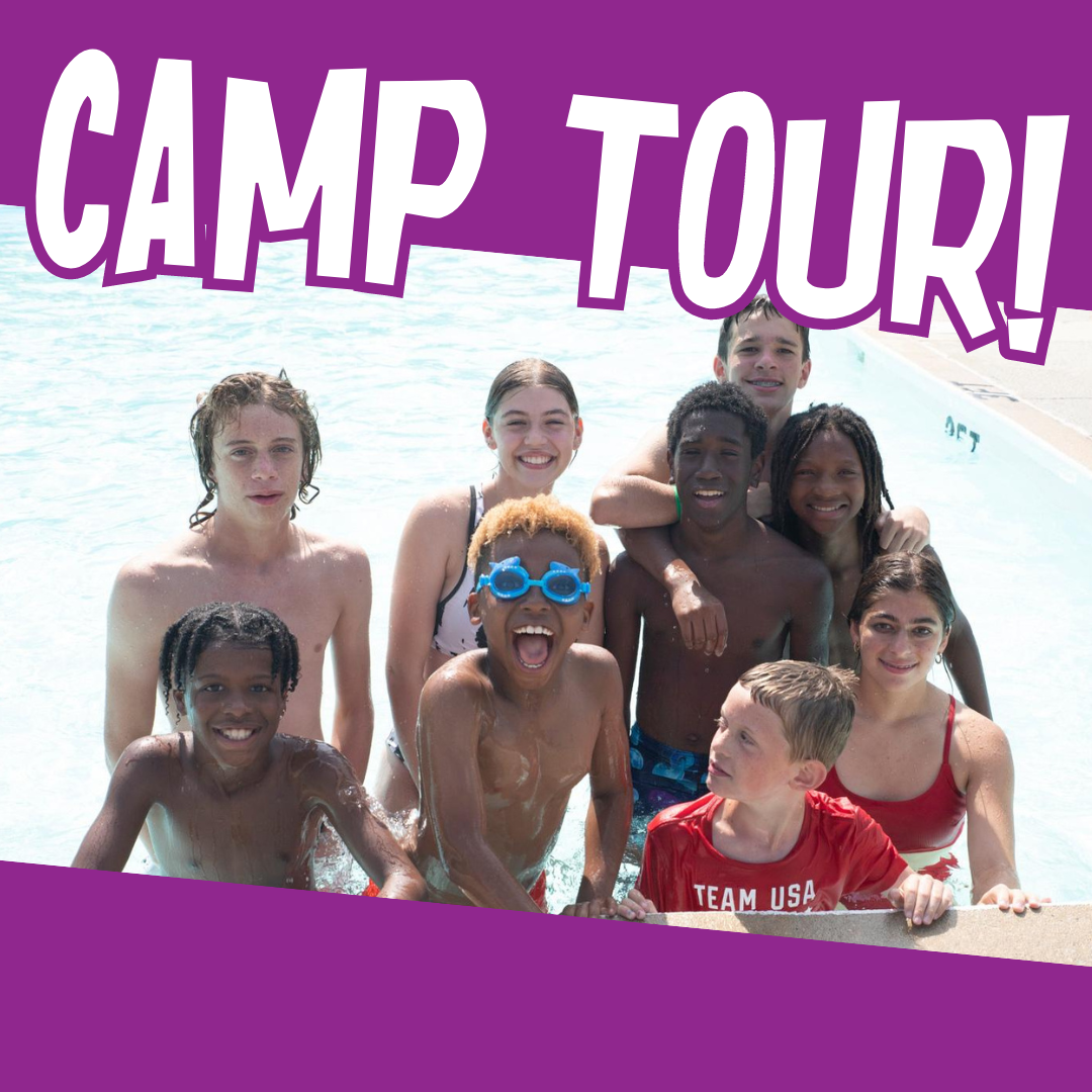 Nine campers are smiling in the image while standing in a swimming pool. "CAMP TOUR" is written across the top of the image in white text with a purple border.