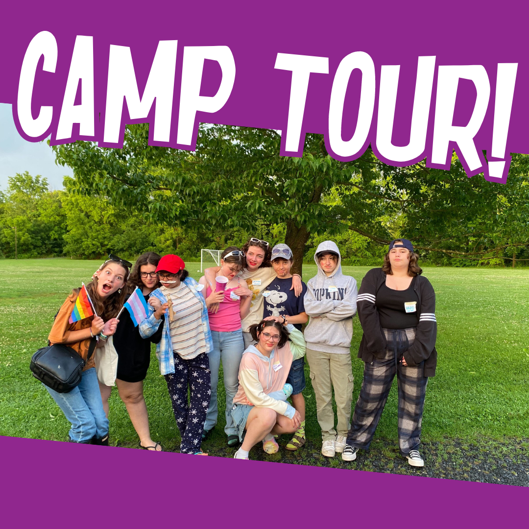 Multiple campers in front of a tree pose with arms around each other. "CAMP TOUR" is written across the top of the image in white text with a purple border.