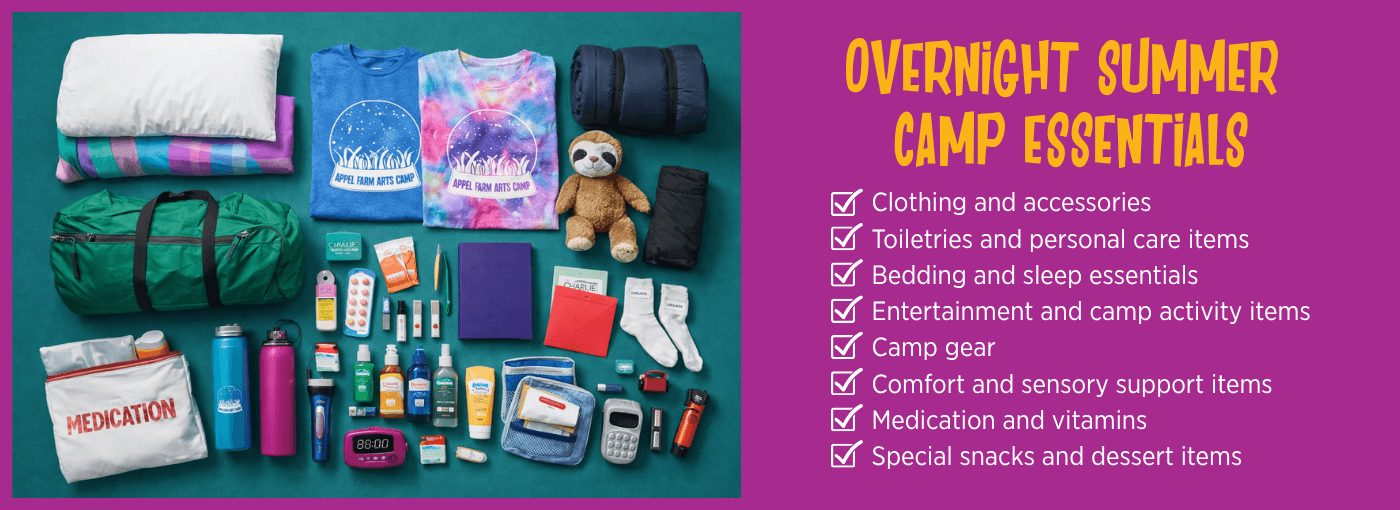 Overnight summer camp essentials at Appel Farm graphic