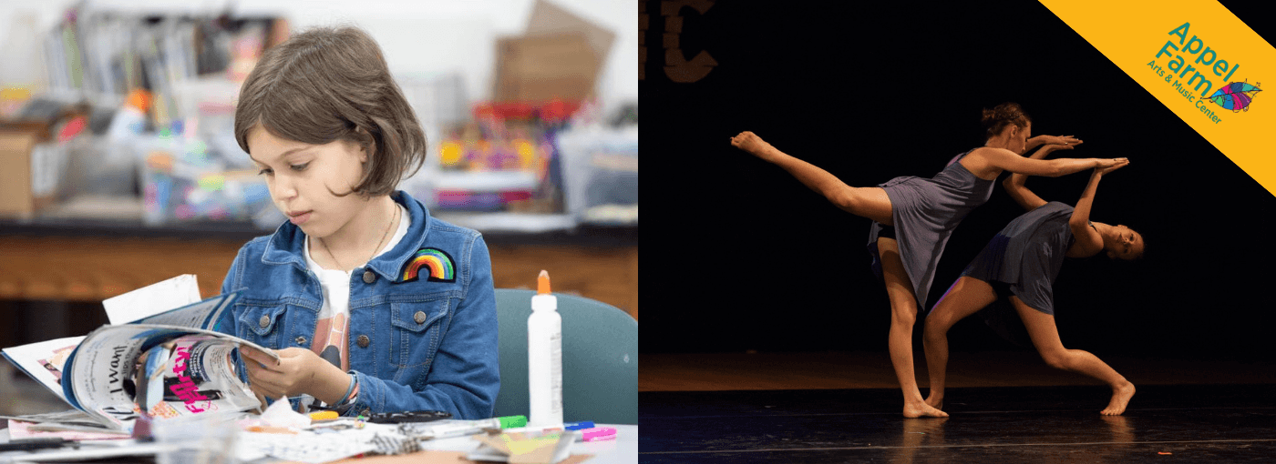 Collage of a camper doing arts and crafts and two campers performing a modern dance on stage.