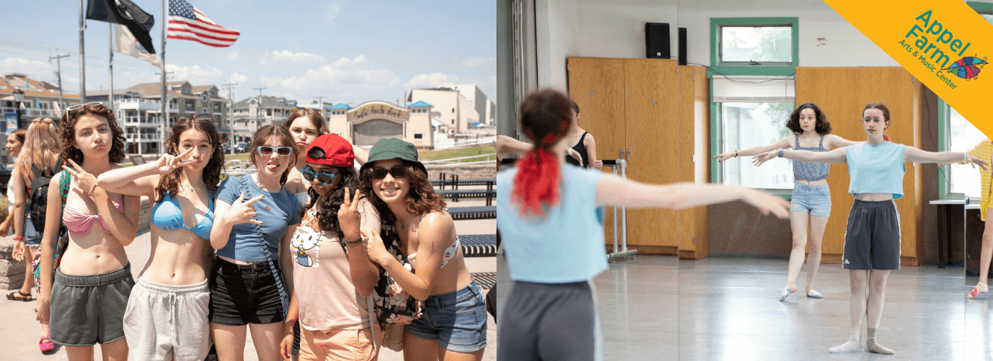 Side-by-side images of campers at the beach and dance majors in the studio.