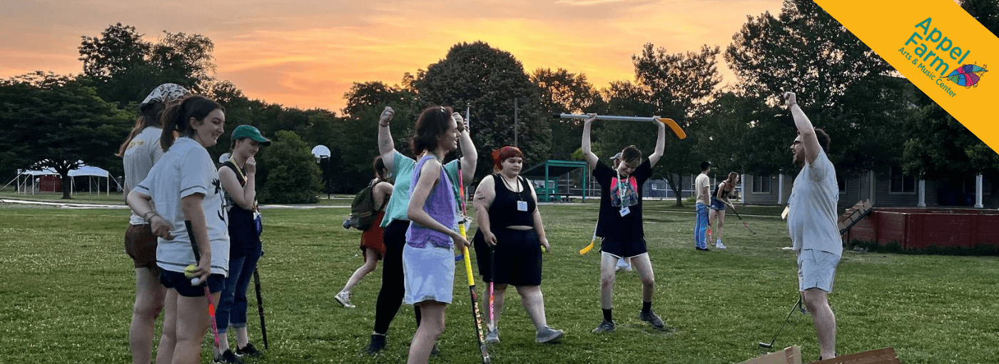 A group of campers playing sports together on Appel Farm’s campus.